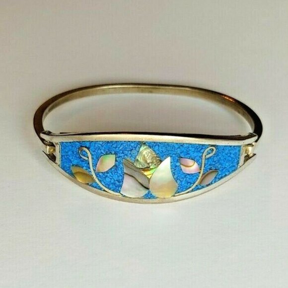 Mexico Alpaca Silver Mother of Pearl Abalone Inlay Flower Bud Bracelet Bangle - Picture 4 of 4